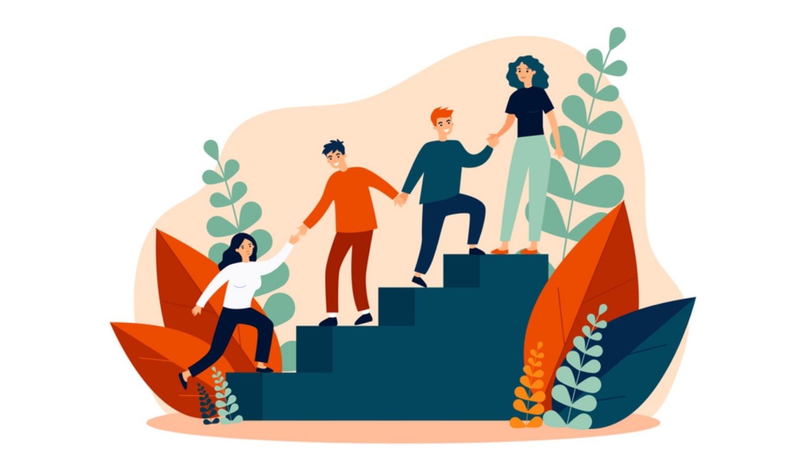 Ilustración de un equipo apoyándose mutuamente para superar desafíos y alcanzar nuevos objetivos.
